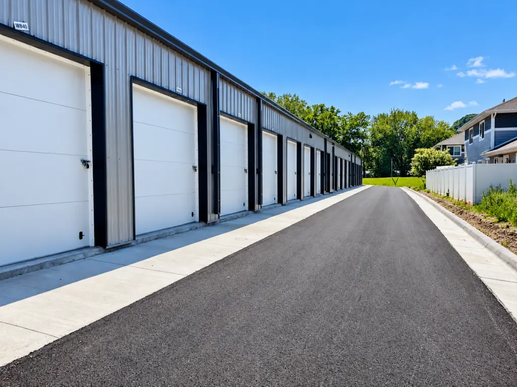 Outdoor drive-up storage units along the paved lane at Midwest Indoor Storage in Winona, MN