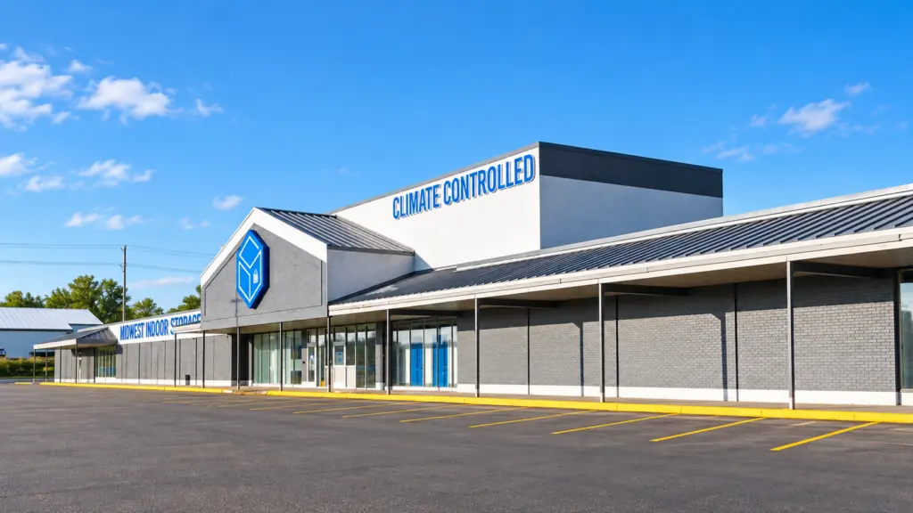 Midwest Indoor Storage exterior with climate-controlled storage signage at Midwest Indoor Storage in Mason City, IA