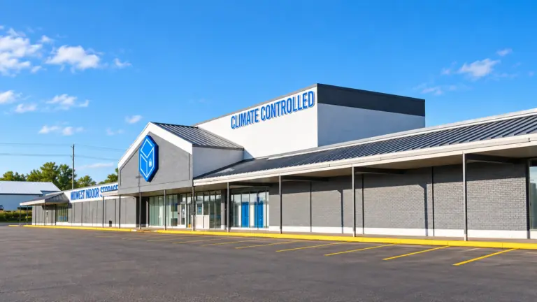 Midwest Indoor Storage exterior with climate-controlled storage signage at Midwest Indoor Storage in Mason City, IA