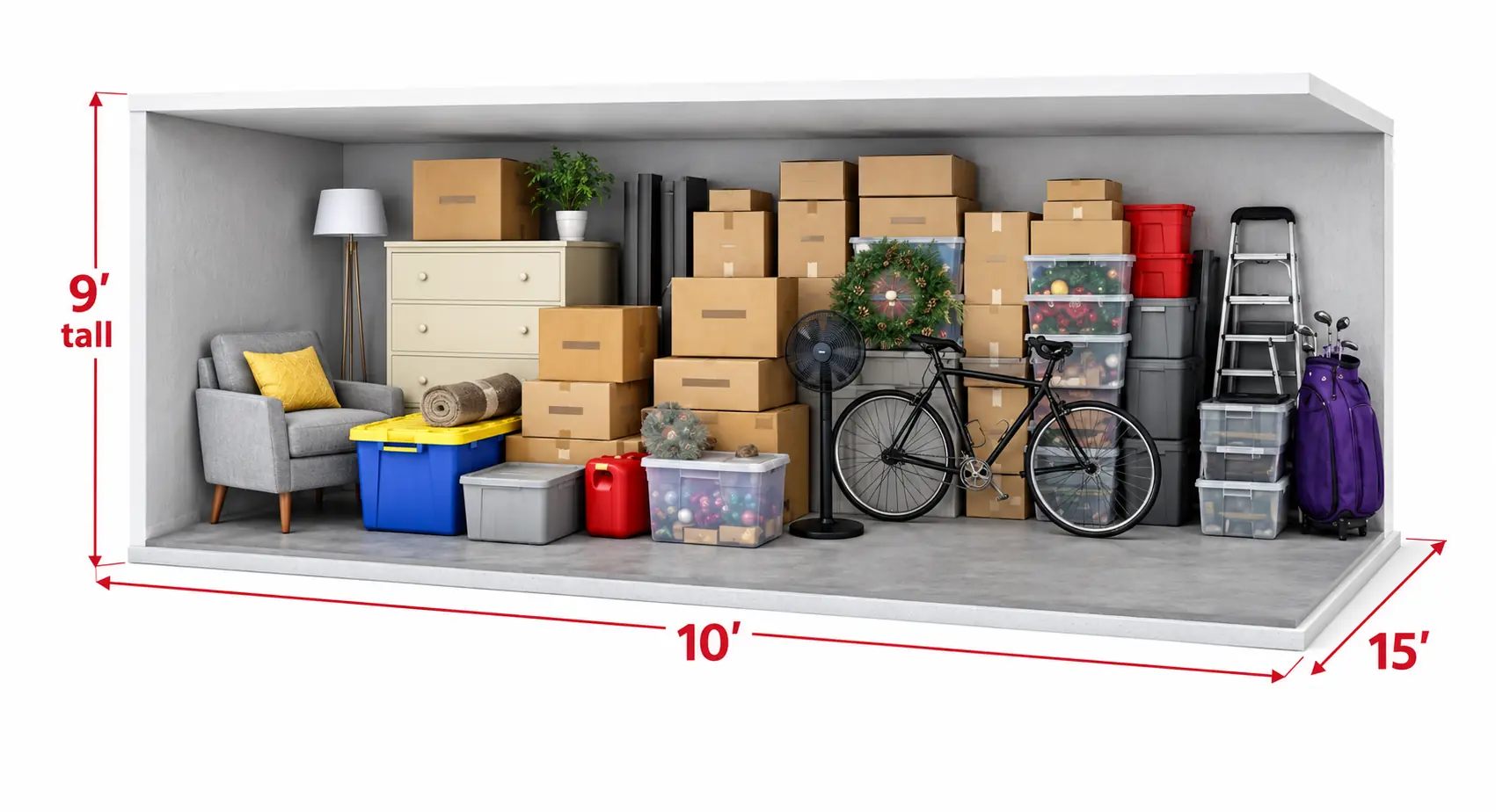 10 by 15 foot storage unit illustration showing example belongings and dimensions
