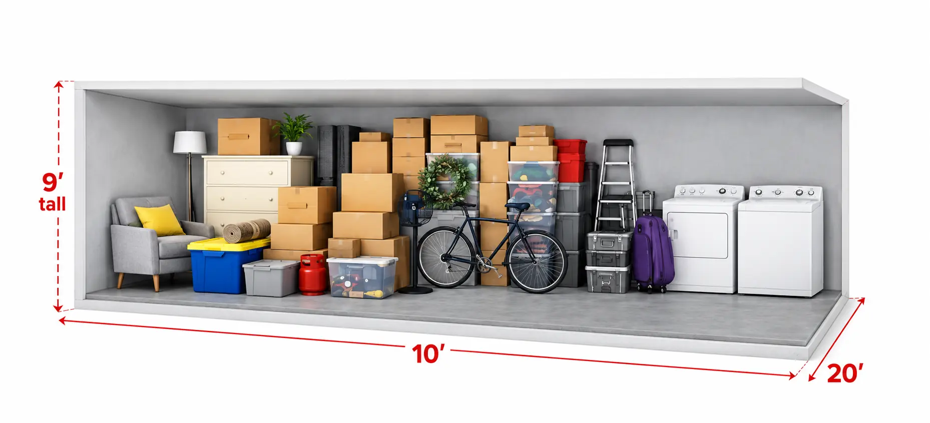 10 by 20 foot storage unit illustration showing example belongings and dimensions