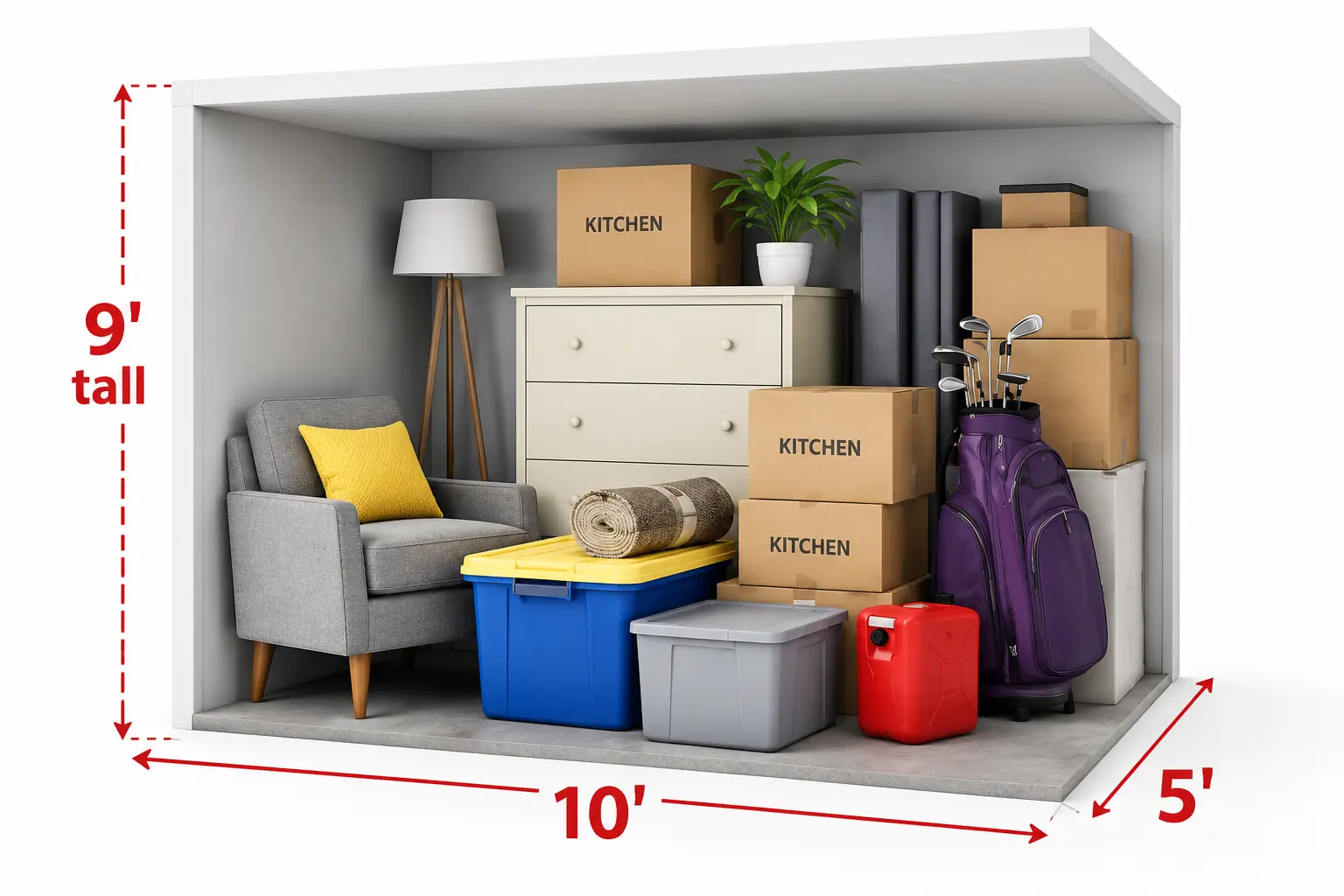 5 by 10 foot storage unit illustration showing example belongings and dimensions