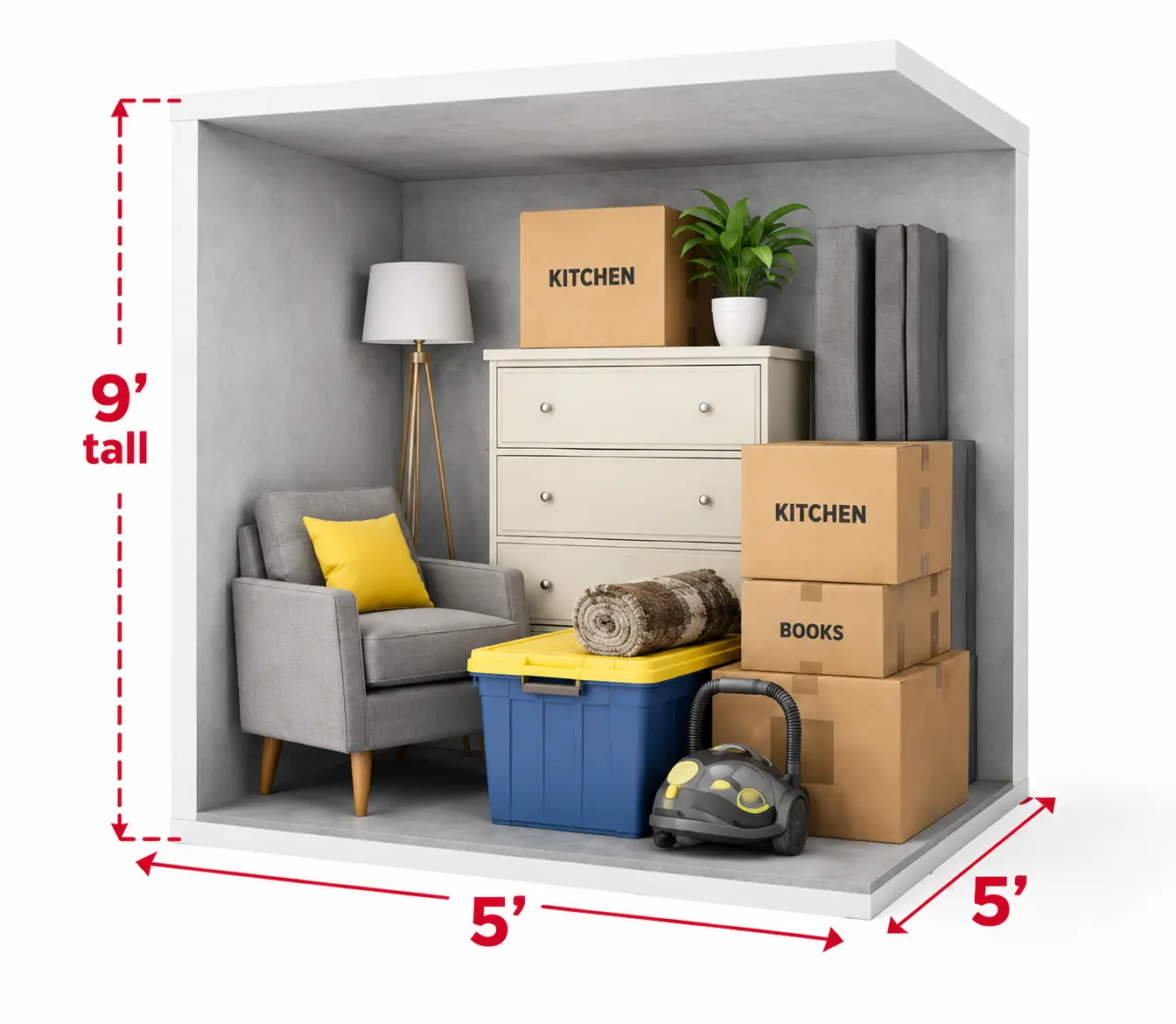 5 by 5 foot storage unit illustration showing example belongings and dimensions