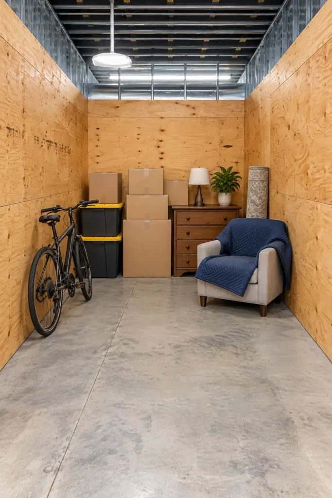 Personal storage unit holding boxes, a bicycle, dresser and chair
