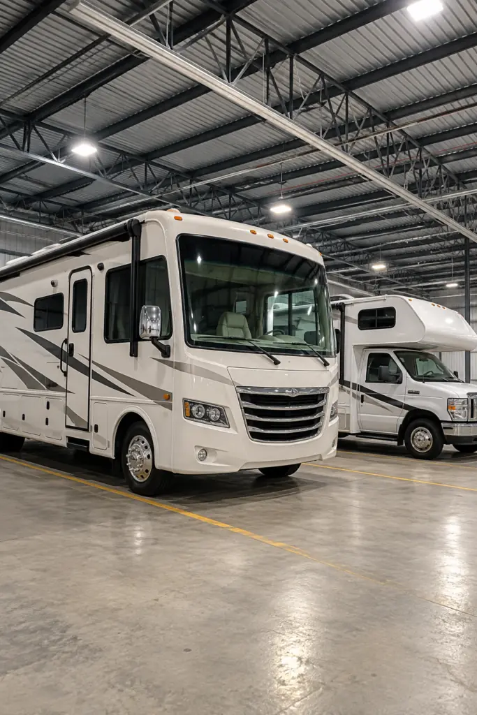 RVs parked inside a covered storage building